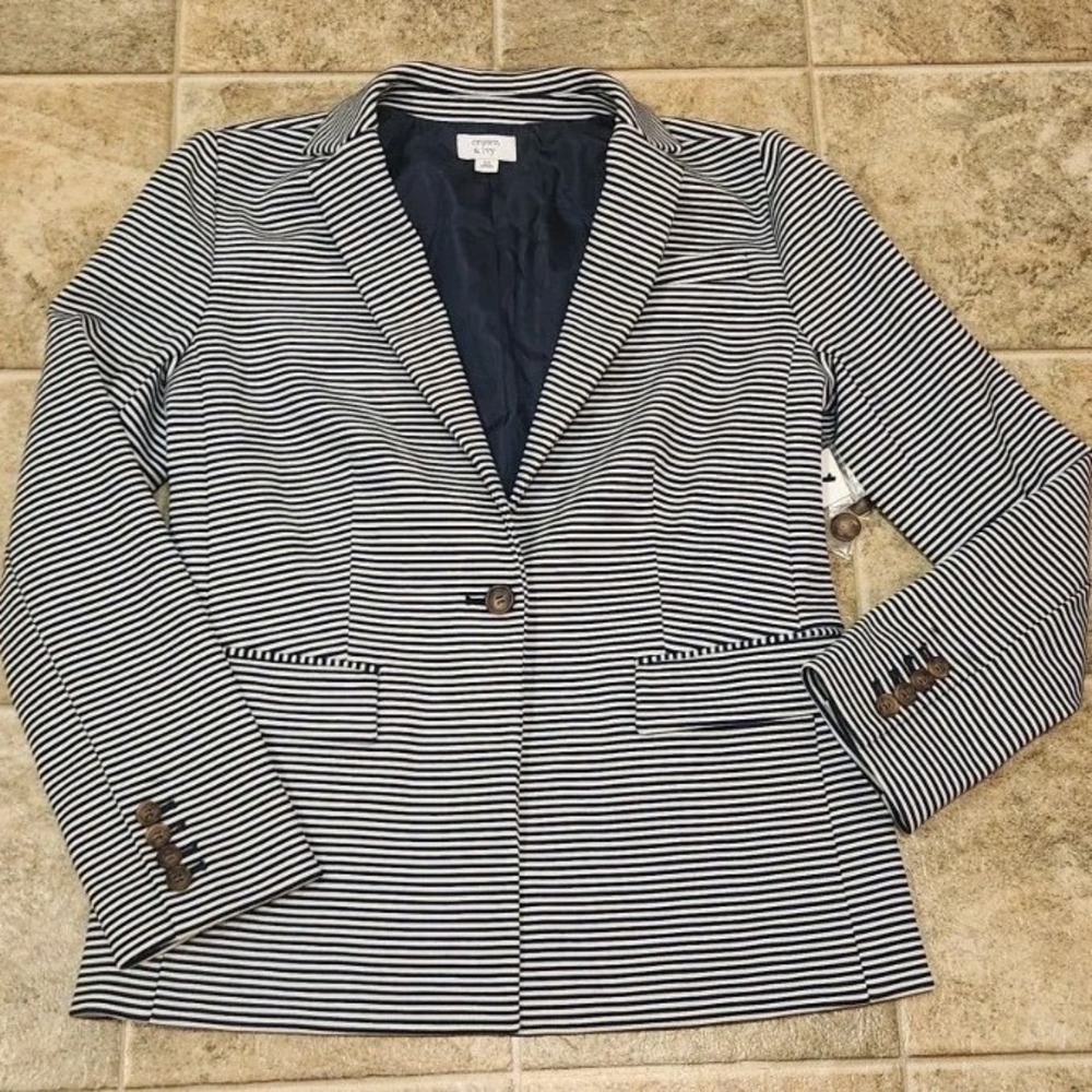 Crown & Ivy Navy White Striped Single Button Nautical Blazer 726K813 XS